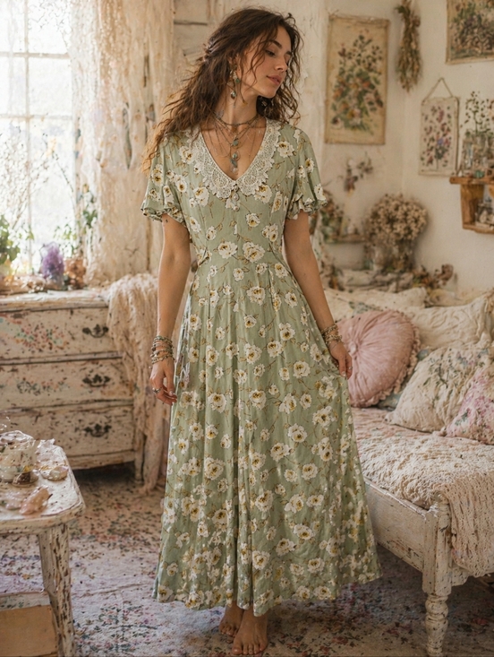 Braemar Dresses & Skirts - Vintage Braemar Floral Cottagecore Dress Size 7/8 Lace Collar Tie Waist EUC